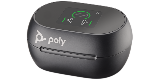 Close up image of Poly touch screen charging case for Voyager earbuds